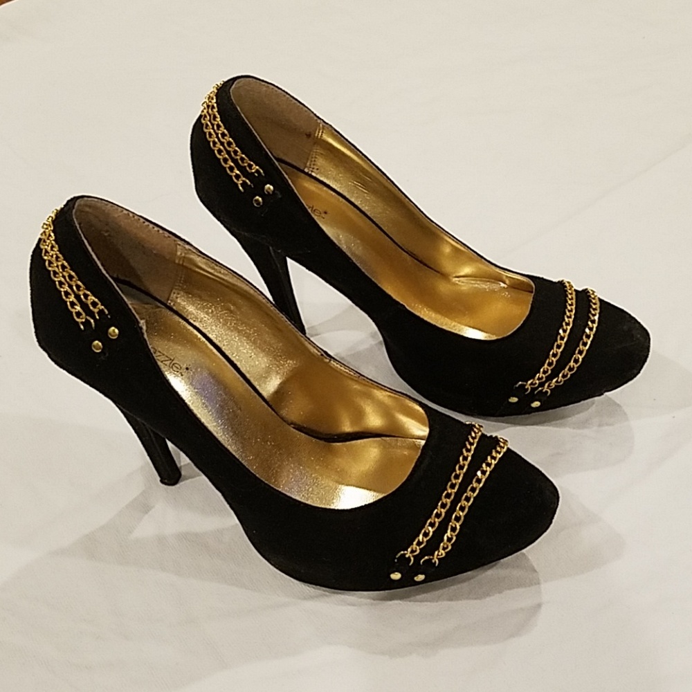 Black suede gold chain heels Shoe dazzle size 10 - Picture 2 of 8